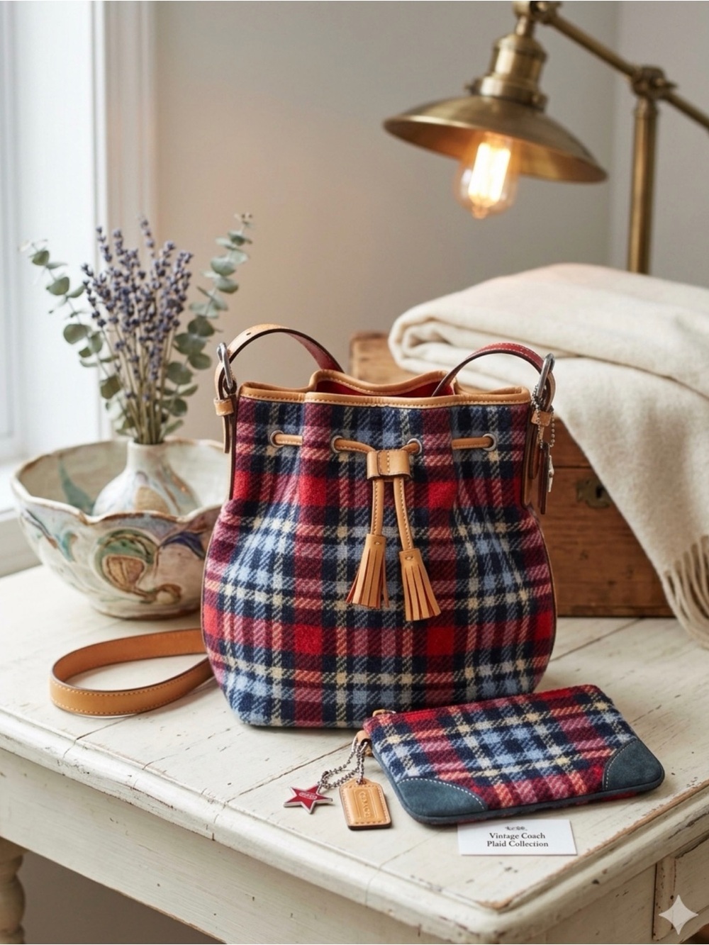 Coach VINTAGE Plaid Drawstring Bucket Bag w/Wristlet